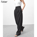 18 Spring Summer Black Ladies Office Trousers Women High Waist Pants Pockets Female Pleated Wide Leg Pants Solid