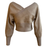 Women Knitting Sweaters V-Neck Lantern Sleeve Loose Streetwear Casual Femme Thick Warm Pullovers Knitwear