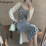 Temperament Women 2 Piece Set Turtleneck Hollow Out Sweet Tops Slim Waist Sling Bodycon Dresses Suit Roupas Femme Chic