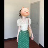 View Of The Unique Beautiful V-Neck Bubble Sleeve Shirt For Women's Summer New Green Floral Skirt