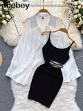 Women Two Pieces Sets Lantern Sleeve Blouse Shirt Top + Bodycon Slim Waist Ruched Spaghetti Strap Dress