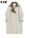 Women Beige Color-block Big SizeTrench New Lapel Long Sleeve Loose Fit Windbreaker Fashion Tide Spring Autumn 2023