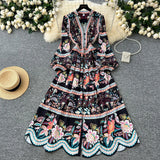 Vintage Printed Dresses Women's New Spring 2025 New Waist Temperament V-Neck Single-Rece Buckle Long