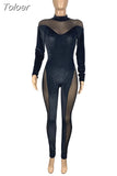 Mesh Skinny Velvet Rompers Womens Jumpsuit Autumn Fall Clothes 2023 Long Sleeve High Necked See Through Party Club