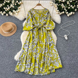 Retro Fashion Print Dress Women Loose Strap To The Waist Thin A Word Big Pendulum Long