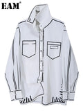 Women White Pattern Printed Big Size Blouse New Lapel Long Sleeve Loose Fit Shirt Fashion Tide Spring Autumn 2023