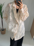 Women Beige Jacquard Embroidery Big Size Blouse New Lapel Long Sleeve Loose Fit Shirt Fashion Spring Autumn 2023