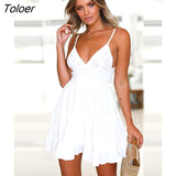 Women White Lace Halter Dress Sexy Backless Beach Dresses 2022 Fashion Sleeveless Spaghetti Strap Casual Mini