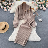 Fashion Vintage Sweater Two Pieces Sets Women Knit Cardigan+Midi Camis Dress Autumn Streetwear Loose Knitted