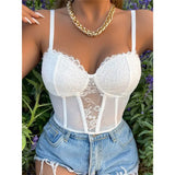 Sexy Lace Corset Cami Hollow Out Tank Top Female See Through Club Party Streetwear Sleeveless Slim Black Goth Crop