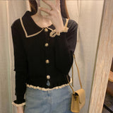 Korean Cropped Cardigan Y2K Fashion Sweaters Woman Sweater Ruffles Black White Cute Tops Fall 2023 Women