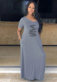 V-neck Short Sleeves Print Loose Maxi