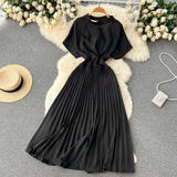 Summer Women Pleated Dress Vintage Round Neck Hollow Out Short Sleeve High Waist Casual Vestidos Elegant Draped Purple/Red