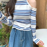 Sleeve T-shirts Women Off-shoulder Halter Design Crop Tops Striped Sweet Sexy Slim Casual Chic Retro Ulzzang Ins