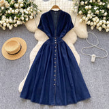 Women's Dress 2025 Summer High-End Deep V-Neck Waist Buckle Body Pressure Folding Casual Denim