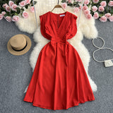 Toloer Fly Sleeve Dress Women's Summer New Design Sense V Collar Waist Show Thin Temperament Big Place French Fairy