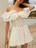 Elegant Dresses For Women Slash Neck Short Sleeve High Waist Hollow Out A Line Temperament Dress Female Autumn
