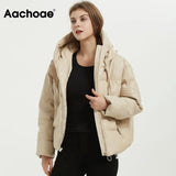 Aachoae Women Fashion Thick Warm PU Faux Leather Padded Jacket Coat Long Sleeve Hooded Parka Coat Female Elegant Outerwear