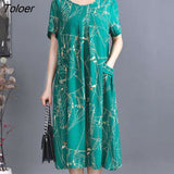 Women Dress O-neck Big Pockets Loose Hem Mother Dress Maple Leaves Print Short Sleeve Tunic Dress Home
