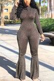 Lurex Sexy Bell Bottom Bodysuit Long Sleeve Striped Flare Jumpsuit Party Night Club Ladies One Piece Bodycon