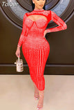 Hot Drill Mesh Spliced Party Dress Female Hollow Front Cleavage Long Sleeve Vestidos Luxury Nightclub Partywear