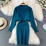 Beading Knitted Women Sets Loose Long Sleeves Sweater+ Solid Elastic Dress French Style Casual Two Piece