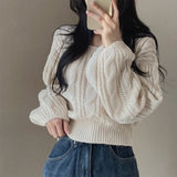 Solid Color Lantern Sleeve Square Collar Sweater-Outfit
