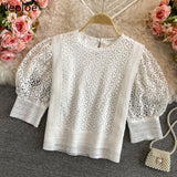 Women Blouses O-neck Puff Sleeve Crochet Floral Shirts Chic Hollow Out Blouse Lace Sweet Temperament Tops