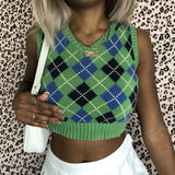 Argyle Knit Tank Top Female Streetwear Preppy Style Y2K Clothing Vneck Cropped Shirt 90s