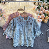 Korean Woman Clothes Blusas Mujer De Moda Fashion Shirts 2023 Hollow Out Floral Blouses Women Lace Laides Cropped