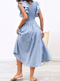 Graduation party Vintage striped women dresses long dress Ruffle sleeve linen elegant dresses Casual ruched fashion female vestidos