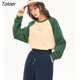 Women Fleece Sweatshirt 2022 Winter Long Sleeve O Neck Loose Hoodie Two-color Stitching Warm Casual Streetwear