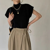 Sleeve Knitted Vest Office Lady Loose Elegant Fashion New Vest Shirt Solid Stand-up Collar Straight Tops Summer