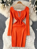 Slim Bodycon Knitted Dress Temperamant Long Sleeve bodycon Sweater Dress Square Collar Women Winter Short