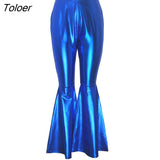 PU Leather Pleated Flare Skinny Pants Women High Waist Streetwear Bell Bottom Trousers Korean Club Black Red Blue