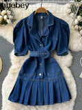 Women Summer Retro Short Denim Dress Solid Button Sexy Slim Dress Korean Elegant Streetwear Ruched pleated
