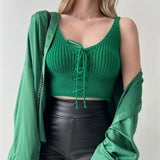 Graduation party Green Tank Top Women Sleeveless Knitted Vest Drawstring Blouses New Fashion Solid Color Sexy Streetwear Tanks and Camis Crop