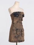 Toloer Summer New Fashion Personality Fashion Wind Multi-Pocket Splicing Design Sense Denim Strapless Dress Women-Outfit
