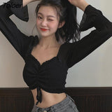 Women Square Collar Ulzzang Solid Butterfly-sleeve Sexy Lace-up Design Femme Chiffon Cropped Spring Cozy Newest
