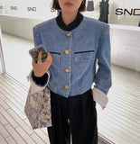 Hit Color Patchwork Denim Jacket For Women Stand Collar Long Sleeve Female Fashion Golden Button Coat Lady Clothing