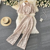 Women Lace Two Piece Set Spring Summer Elegant Turn-Down Collar Single Breasted Short Tops + High Waist Wide Leg Pants Suits