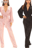 Women Sexy V Neck Sequins Long Sleeve Casual Belt Overalls Female High Waist Playsuit Elegant Ladies Party Club