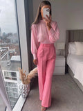 2022 Spring Women 2 Pieces Set Chiffon Blouse Long Sleeve Tops O Neck Shirts High Waist Trousers Loose Wide Leg