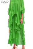 Casual Solid Loose Dress For Women Round Neck Half Sleeve Patchwork Ruffle Trim Midi Dresses Female 2023 Summer Clothing