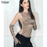 Mesh Letter Printted T-shirt Women O-Neck See Through Sexy Tank Tops With Golve High Street Basic Slim Y2K Top Tee