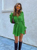 Drape Elegant Women Pleated Dress Long Sleeve Green Shirt Dress With Sashes Lapel 2022 Loose Dresses Female