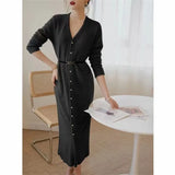 Women Autumn V-Neck Knitted Dress Solid Sweater Dresses Single-Breasted Waistbelt Long Sweater