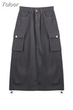 Grunge Cargo Skirt Long Women Acubi Fashion High Waist Drawstring Vintage Y2k Pocket Patchwork A-line Skirt