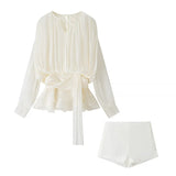 Folding Ribbon Design Loose Waist Mini Dress Shorts Set 2025 Spring And Summer Street Fashion