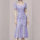 Temperament Romantic Purple Flowers Party Dress 2022 Women Square Collar Puff Sleeve Slim Ruched Ruffle Fishtail
